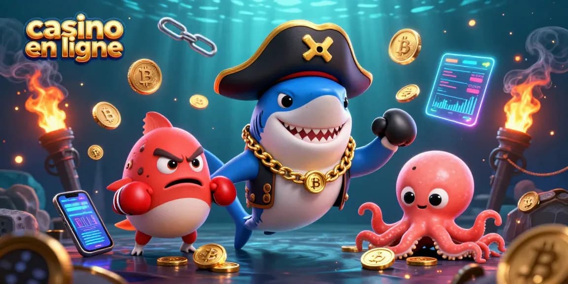 Découvrez l'univers des jeux de casino en ligne avec un requin pirate 3D et ses compagnons sous-marins.