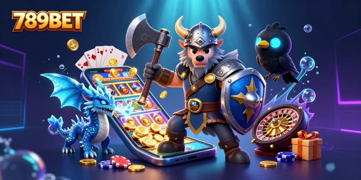 Engage in thrilling action with 789BET featuring a Viking wolf warrior, dragon, and vibrant game elements.