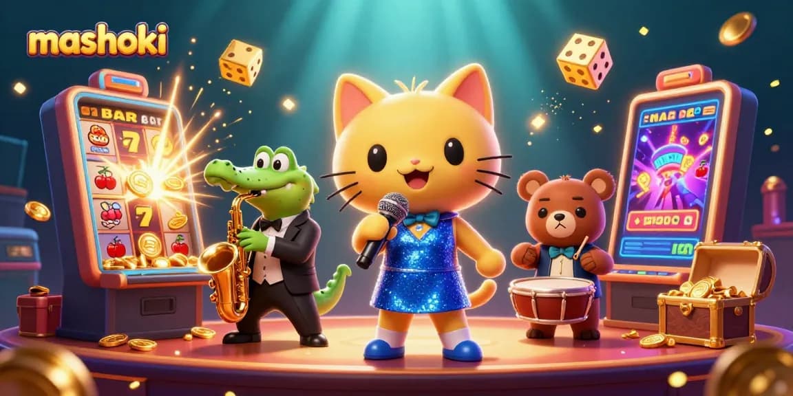 Experience mashoki's thrilling jackpot action with a jazzy cat, crocodile, and bear in a vibrant casino scene.