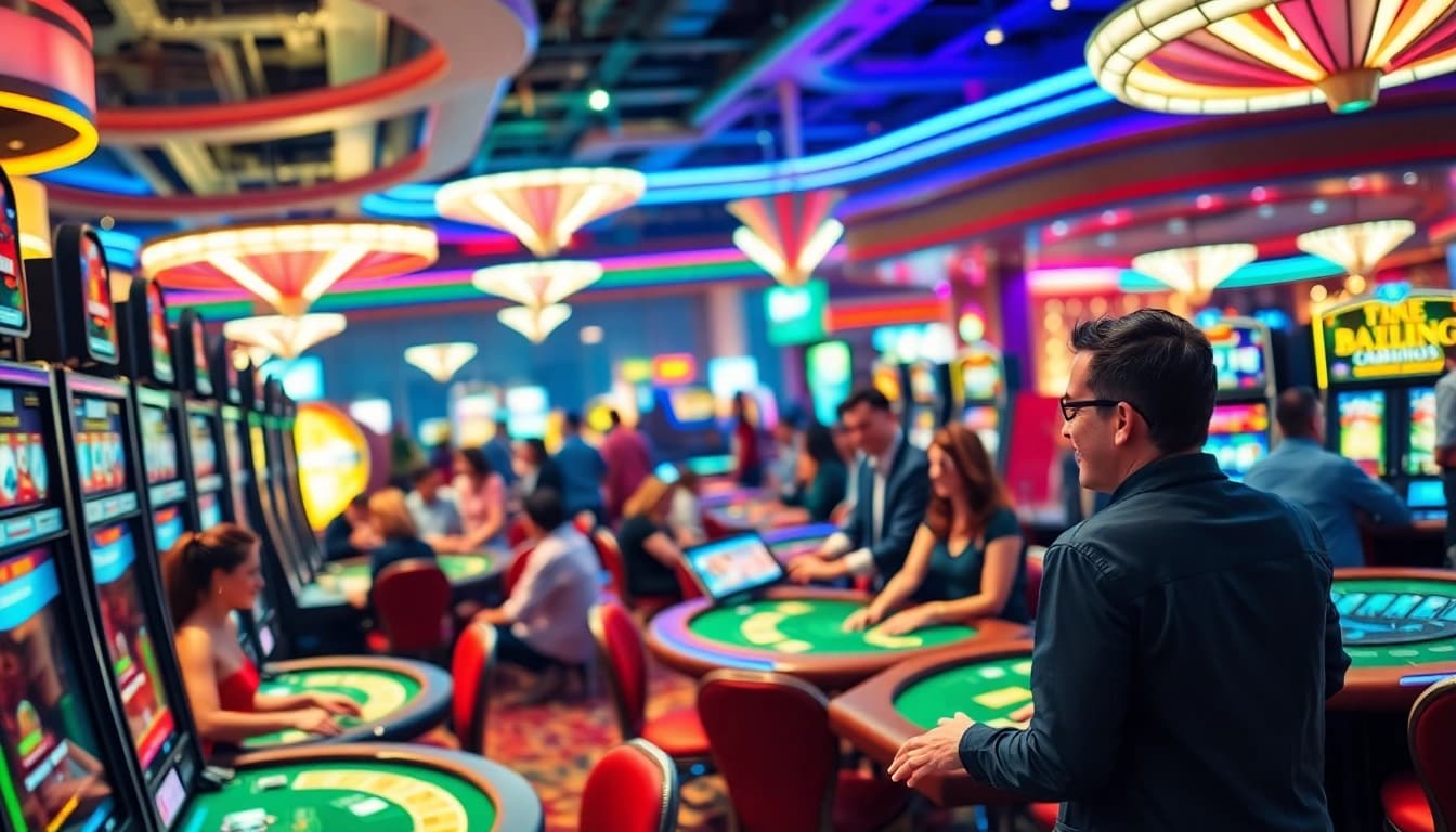 Permainan dewartp di kasinobersinar dengan pemain bersemangat di mesin slot.