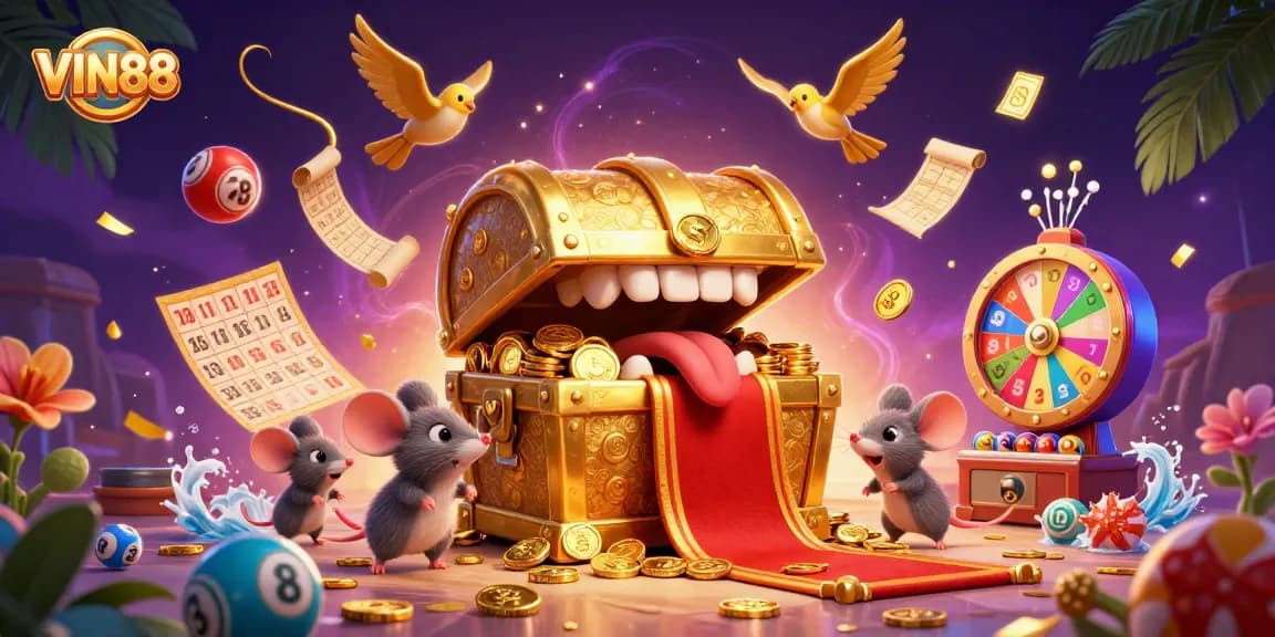Win big with VIN88 in a vibrant 3D illustration of a treasure chest and lottery elements.