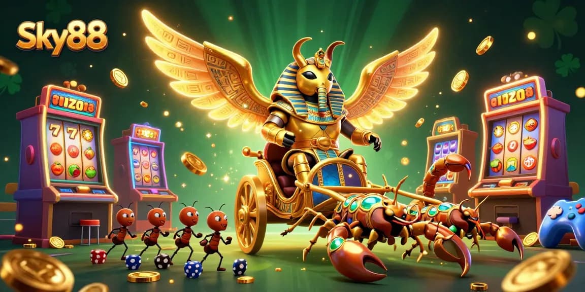 Engage with Sky88's thrilling slot adventures featuring vibrant characters and casino elements.
