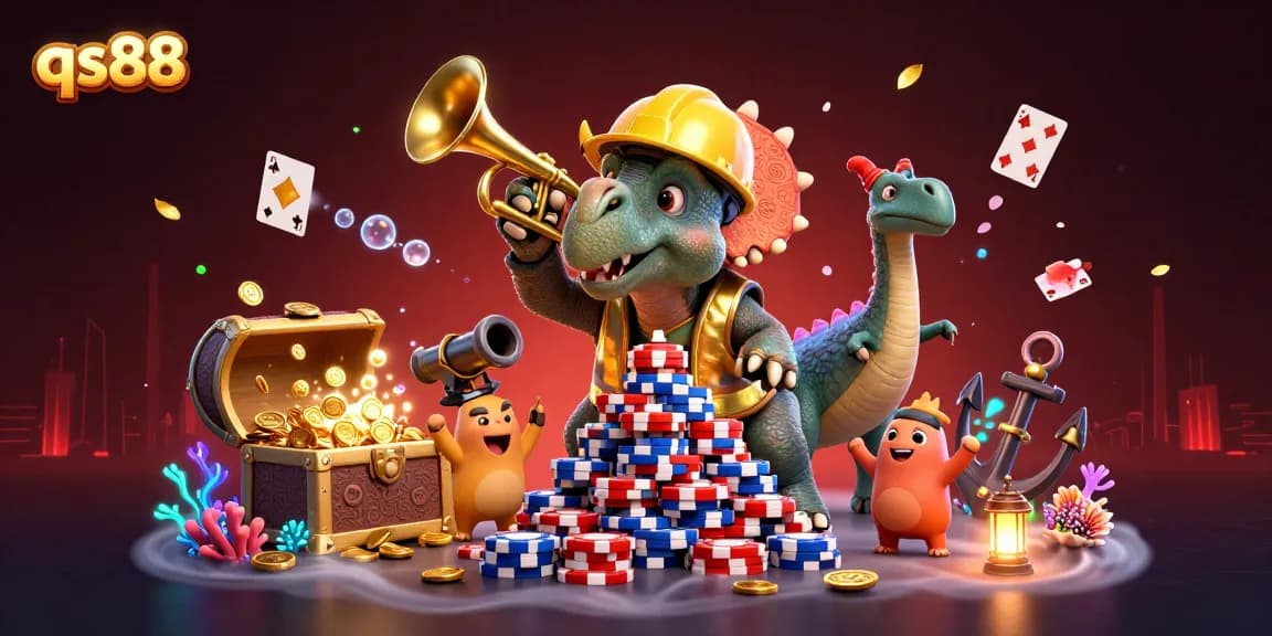 qs88 features a lively scene with a triceratops building poker chip stacks, celebrating fun in gaming.