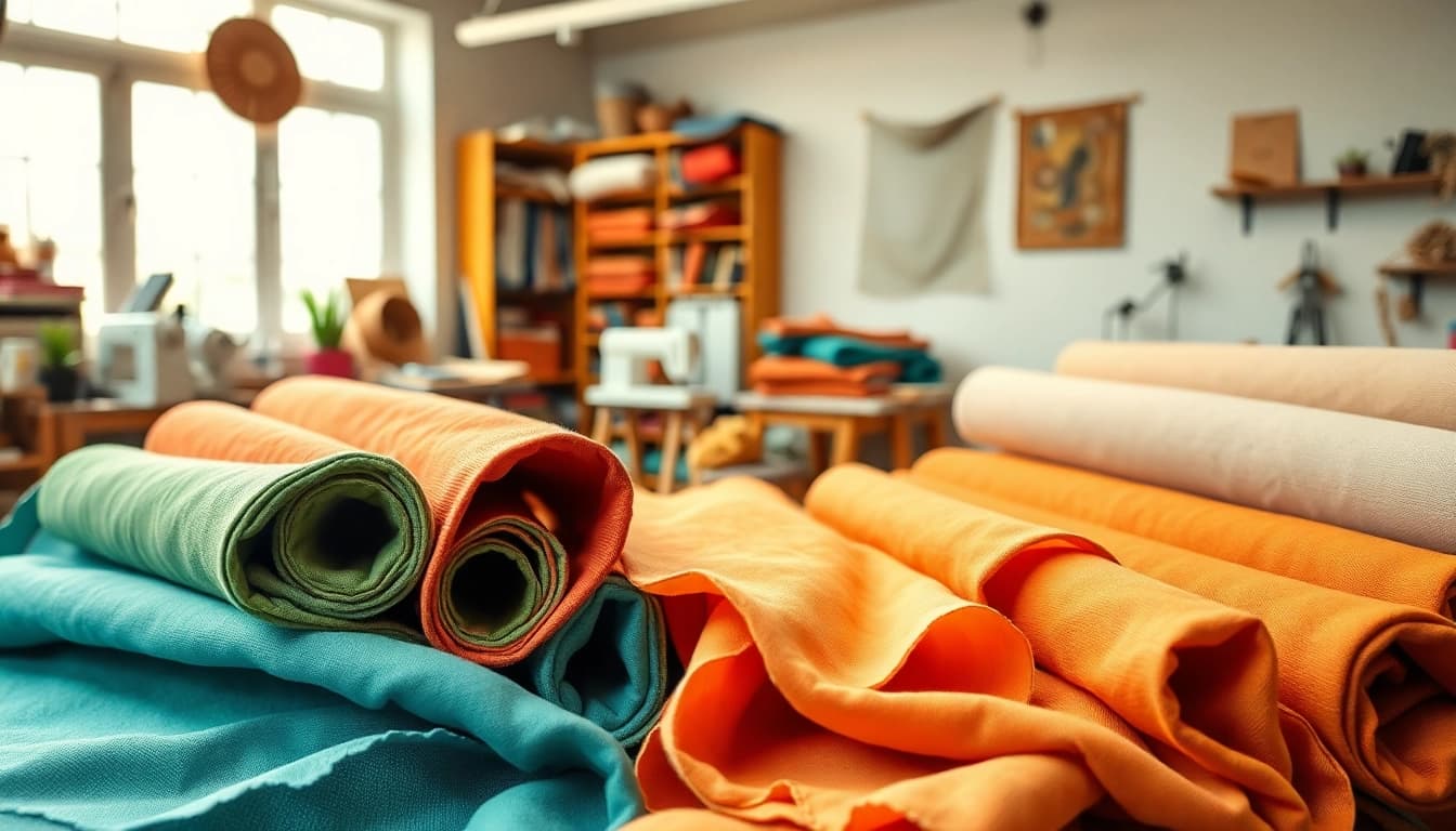 Ontdek ongebleekt katoen in verschillende kleuren en structuren in een stoffenwinkel.