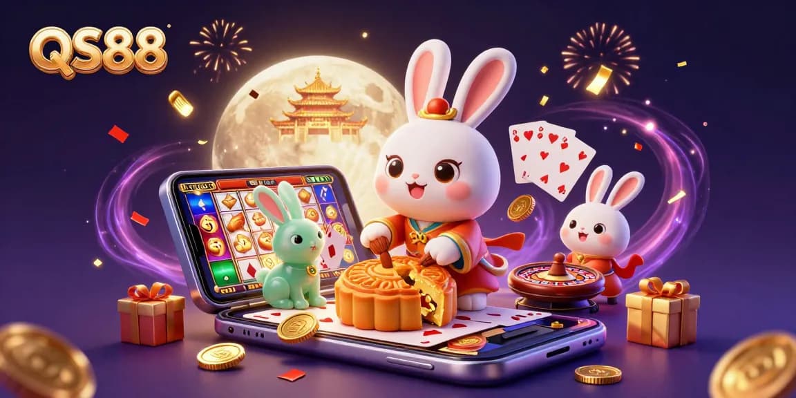 Play exciting games at QS88 with a vibrant casino scene showcasing a moon rabbit and magical elements.