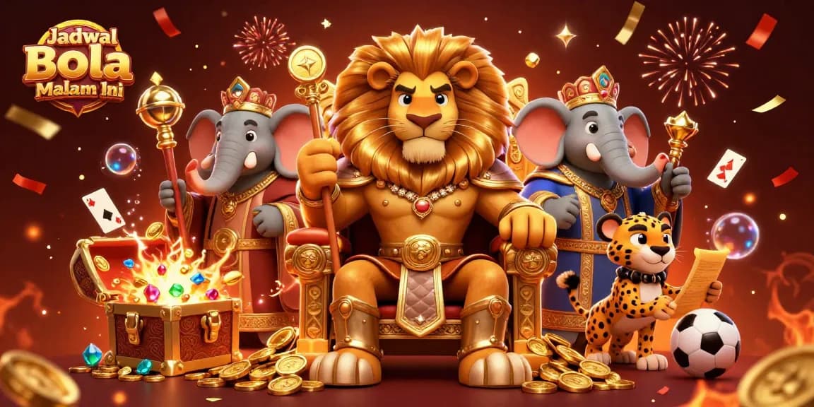 Betting excitement with Jadwal Bola Malam Ini featuring a lion king, elephant advisor, and cheetah messenger.
