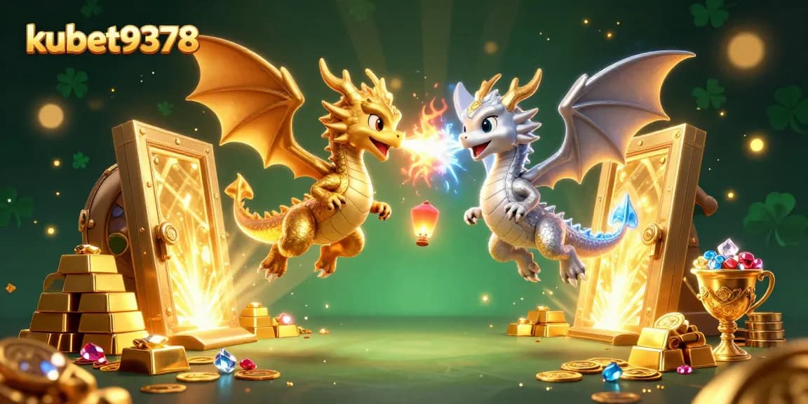 Engage with kubet9378 while exploring a vibrant casino scene featuring dual dragons surrounded by riches.
