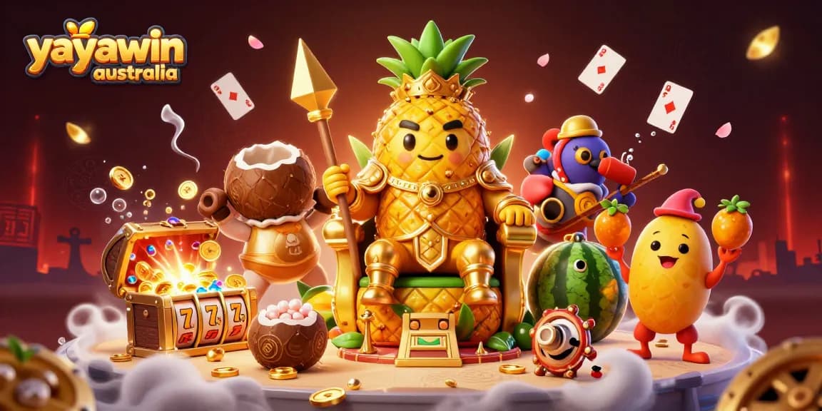 Winning big at yayawin australia with a vibrant beach casino scene featuring pokies, treasures, and whimsical characters.