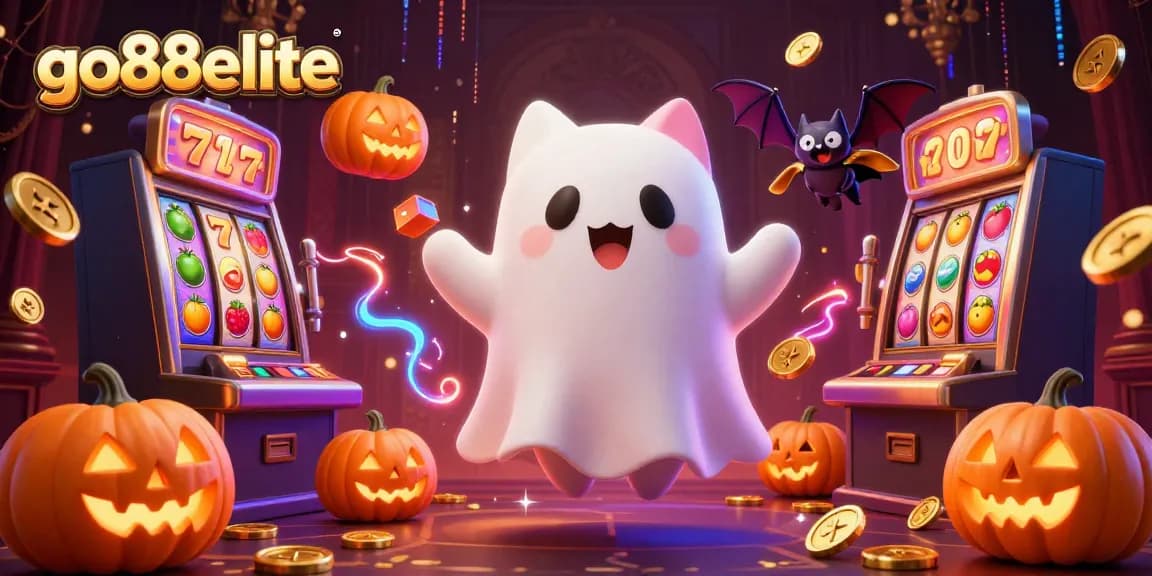 Experience the thrills with go88elite in this vibrant haunted casino scene featuring a friendly ghost cat and dynamic elements.