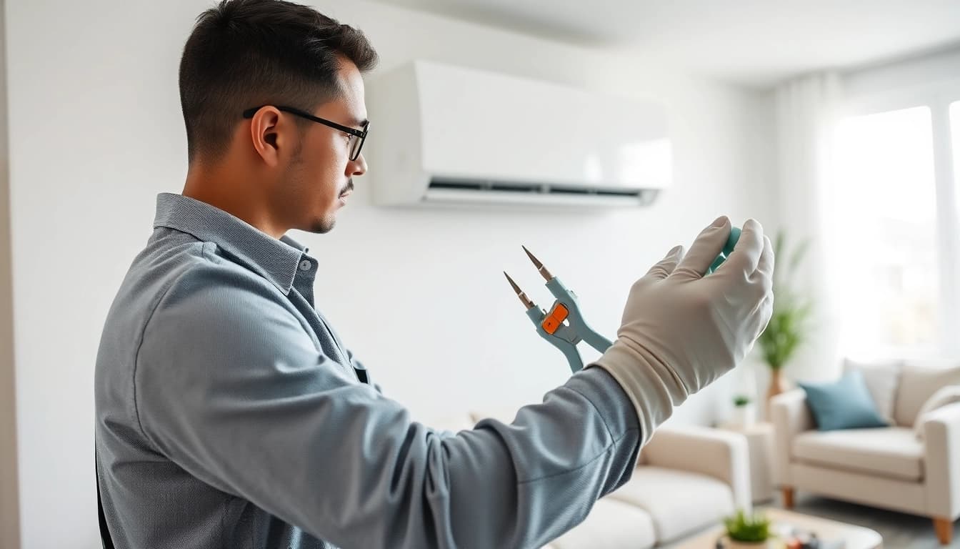 Air conditioning repair technician expertly fixing a unit in a bright, modern home environment.