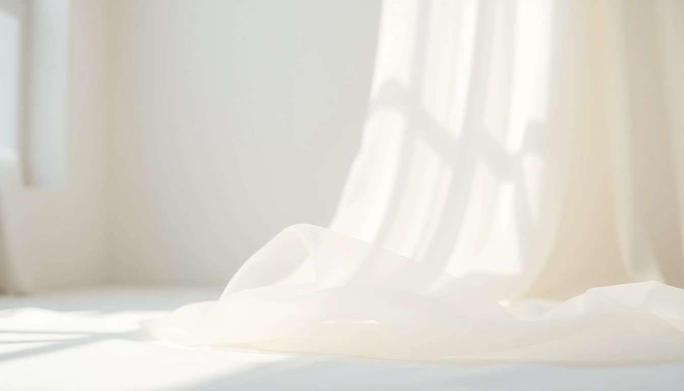 Mousseline fabric beautifully draped, showcasing its soft, delicate texture and elegant flow in a serene setting.