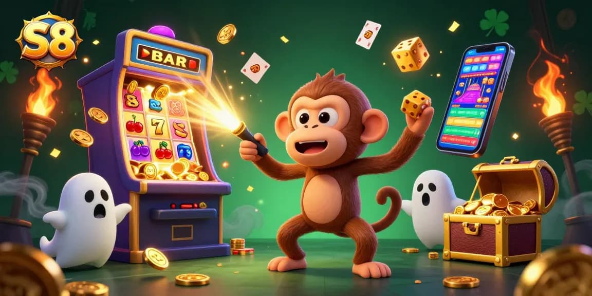 S8 showcases a playful poltergeist monkey juggling casino treasures in a haunted casino