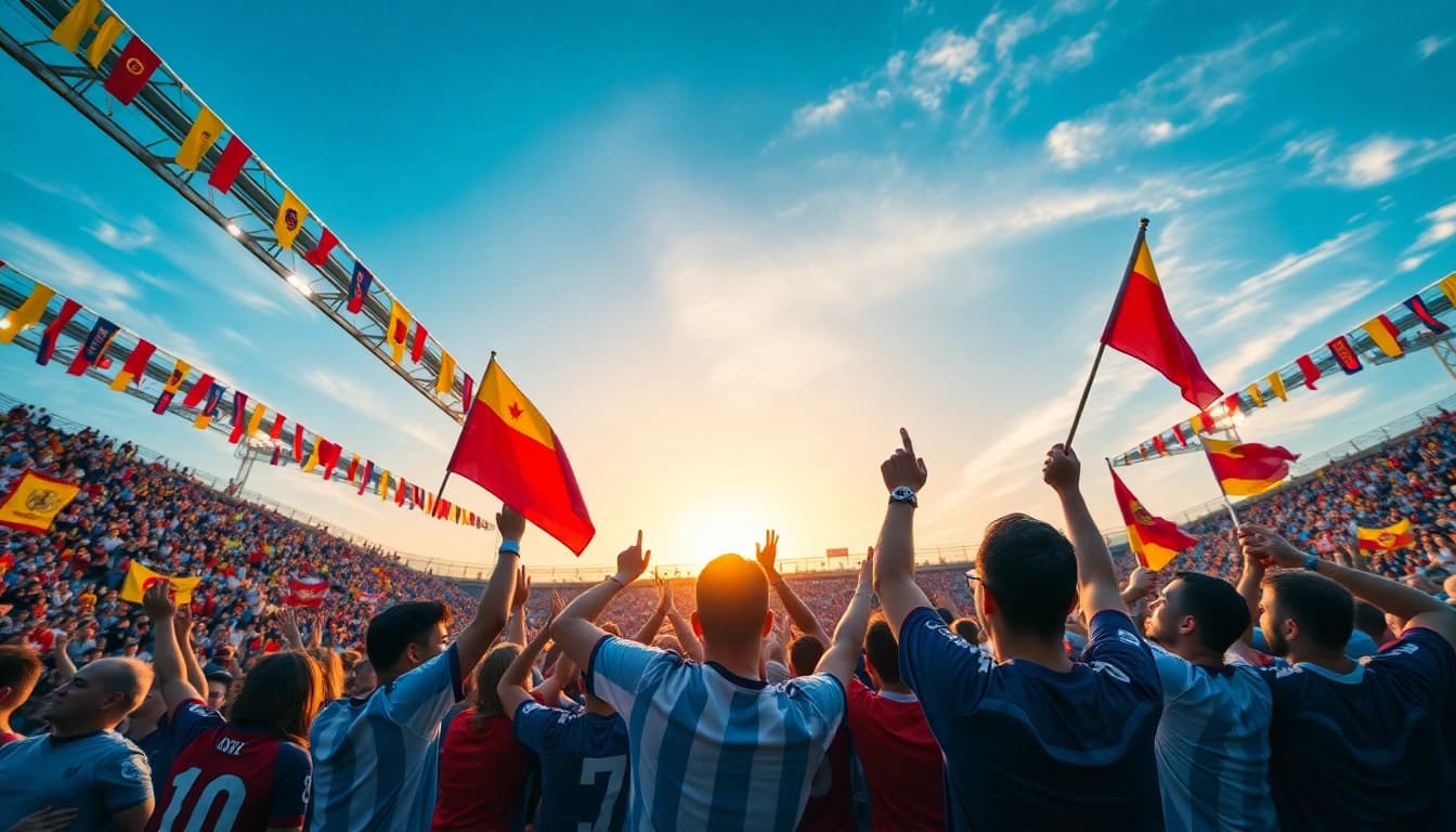 Menonton bola dengan penuh semangat oleh penggemar di stadion yang ramai.