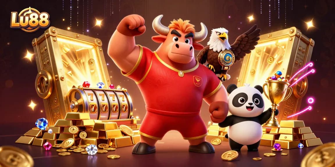 Lu88 showcases a cartoon bull and eagle celebrating beside gold treasure in a vibrant casino scene.