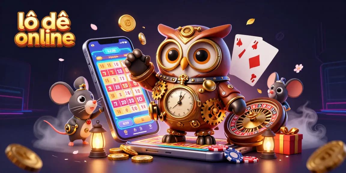 Engage with lô đề online as the 3D owl and mouse explore a vibrant lottery scene filled with casino elements.