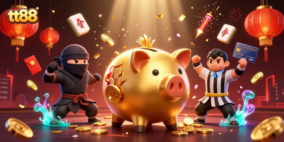 Engage with tt88's vibrant gaming scene featuring a golden sumo wrestler and a credit-card samurai.