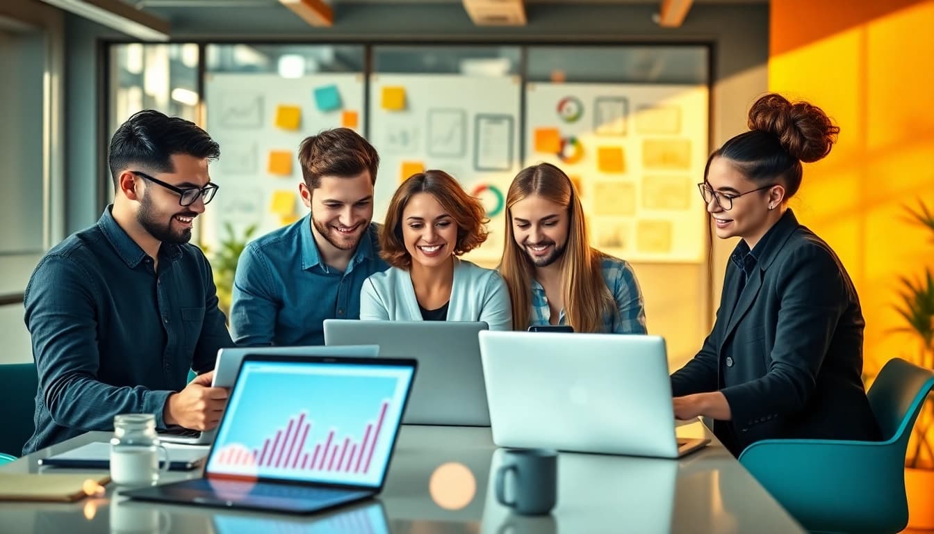 Digital Marketing Heroes teamwork in a modern office, showcasing creativity and collaboration.