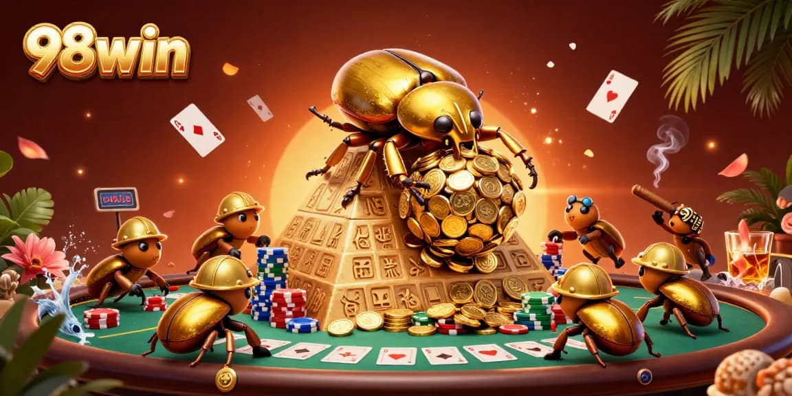 Experience the excitement of 98win with vibrant gold coins and dynamic poker elements.