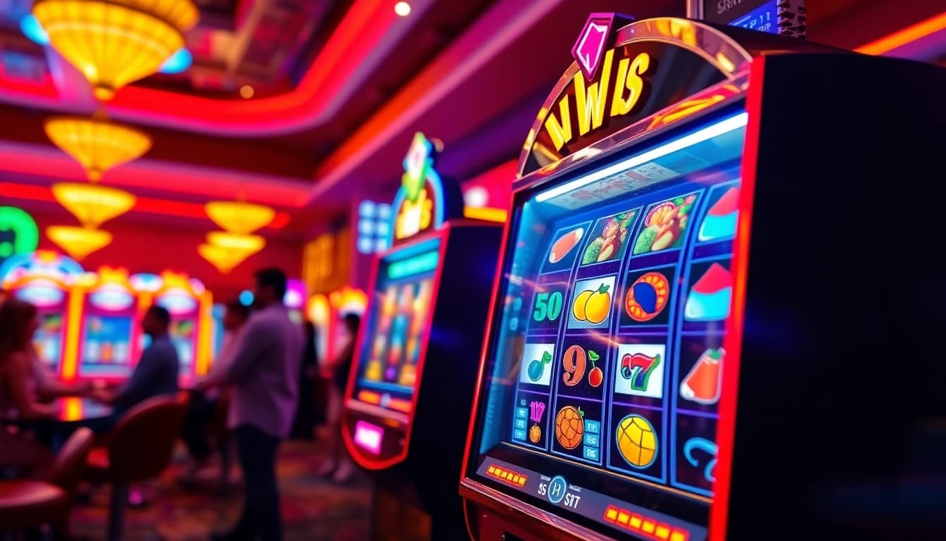 Rasakan sensasi bermain slot88 yang menyenangkan di kasino dengan lampu berwarna-warni.