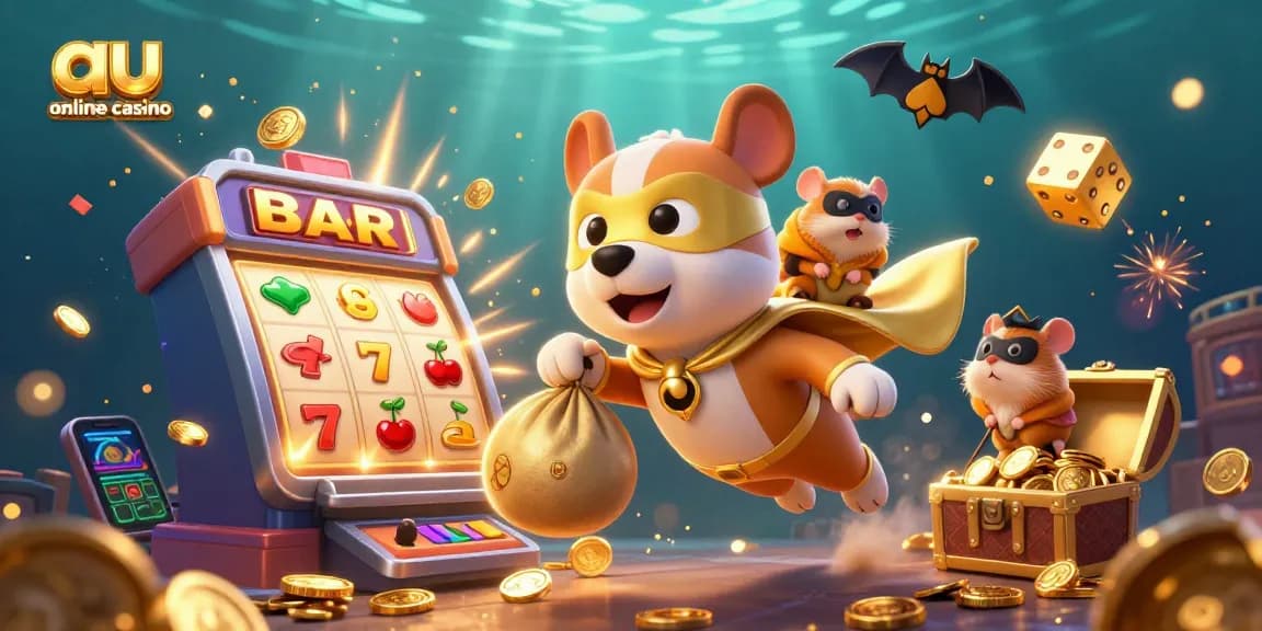 Engage with the vibrant au online casino illustration featuring a superhero dog and hamster amidst a jackpot explosion.