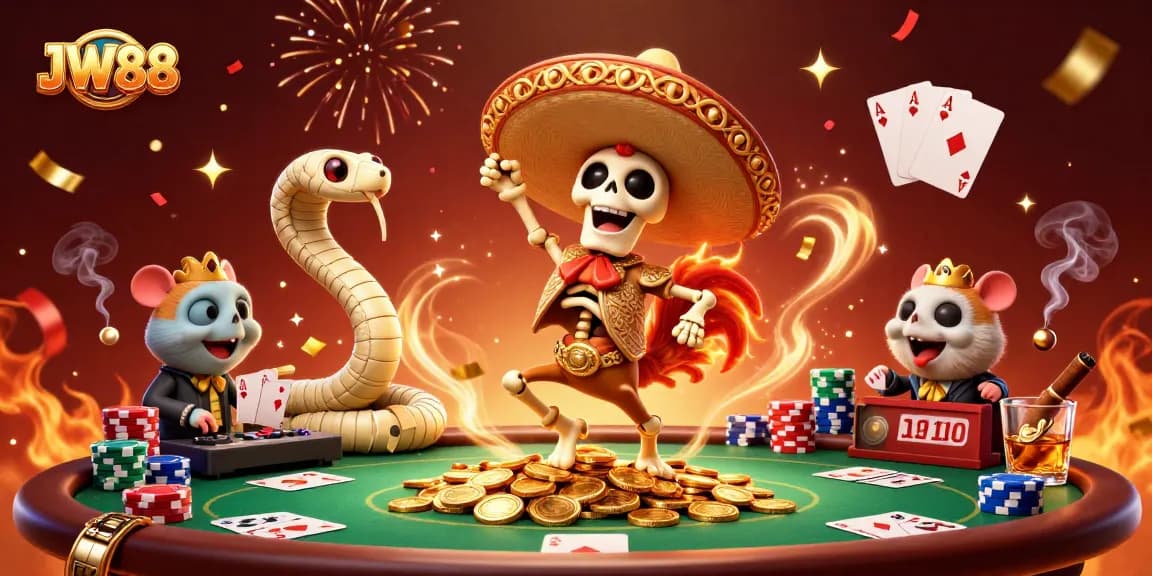 JW88 celebrates with a vibrant scene featuring cartoon characters and poker elements.