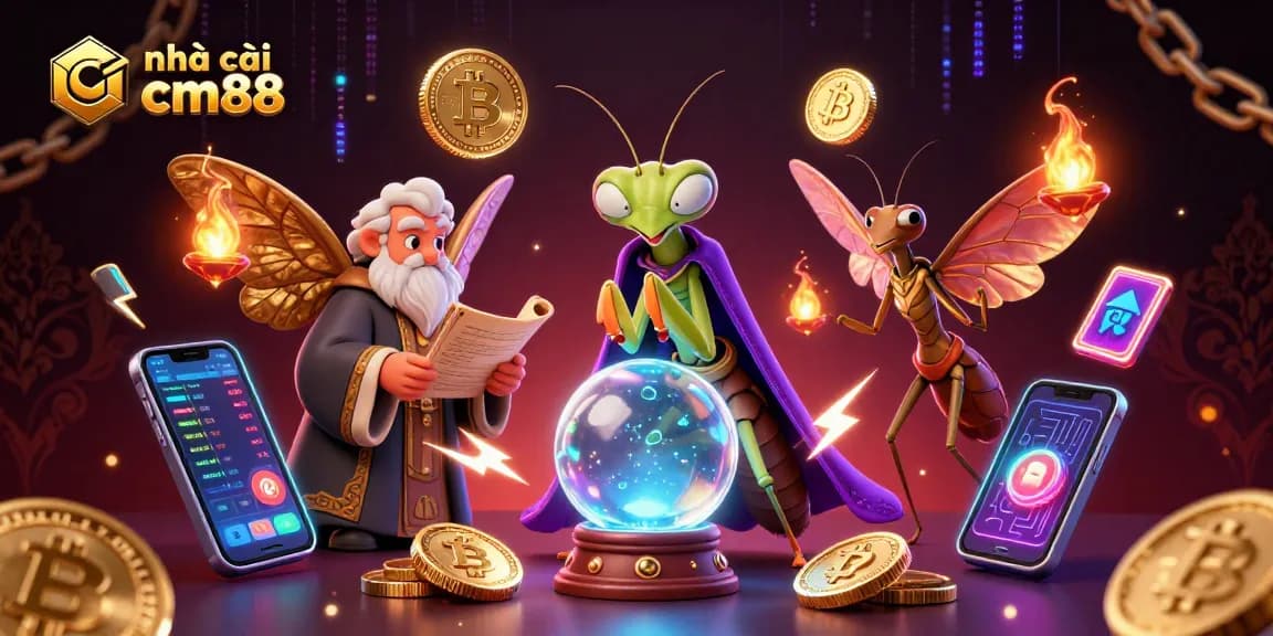 Bet with nhà cái cm88 in a vibrant 3D casino scene featuring fortune telling and crypto elements.