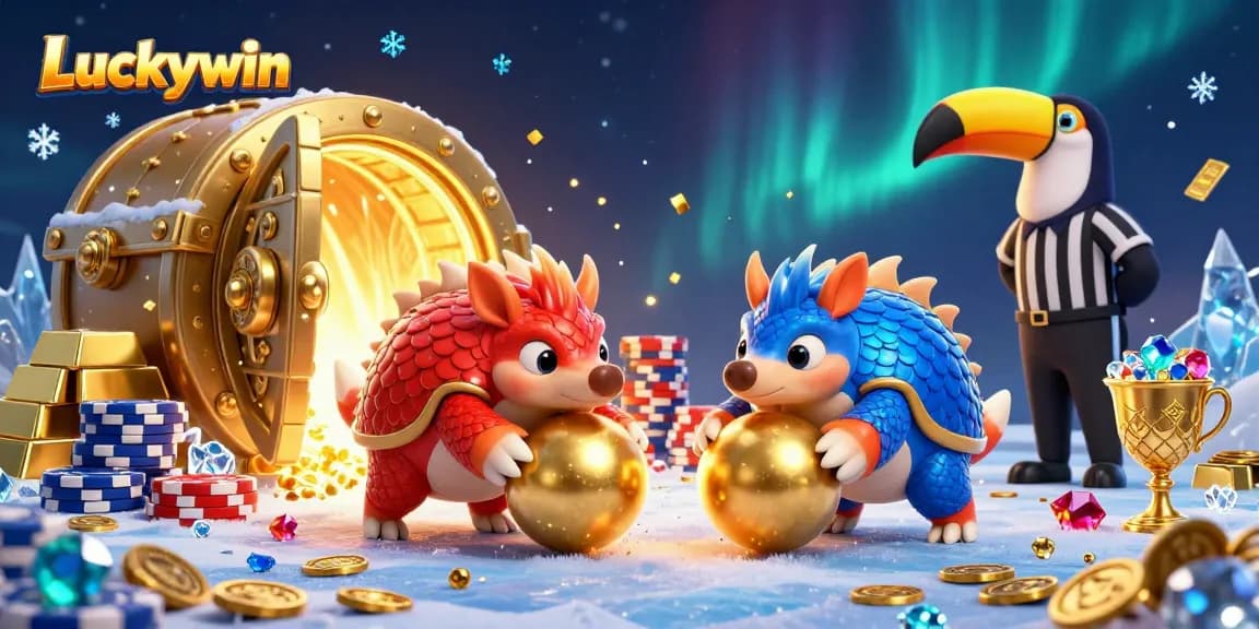 Bowling pangolins and gems celebrate a winning moment at Luckywin casino.