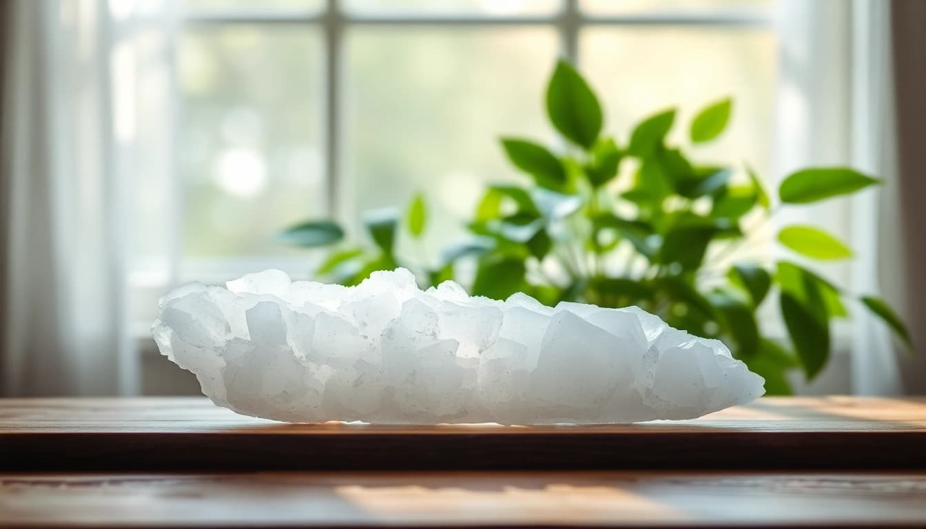 Selenit crystal glows softly on a wooden table, enhancing a serene atmosphere.