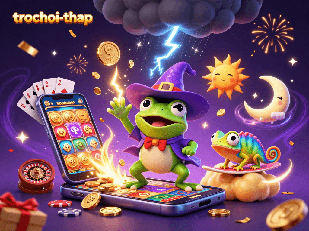 Engage with trochoi-thap's exciting gambling adventure featuring a colorful scene of characters amidst coins and games.