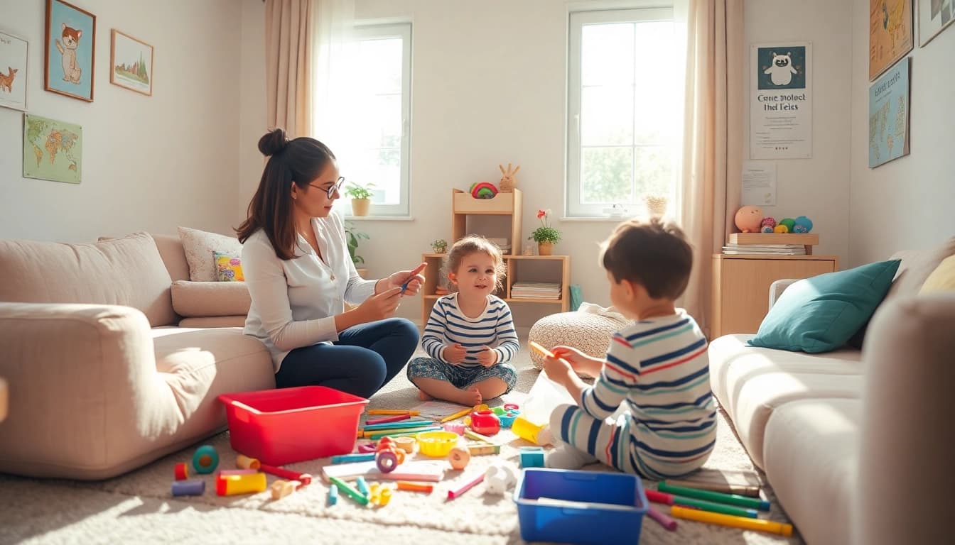 Play Therapist engaging a child in a vibrant therapy room filled with toys and creativity.