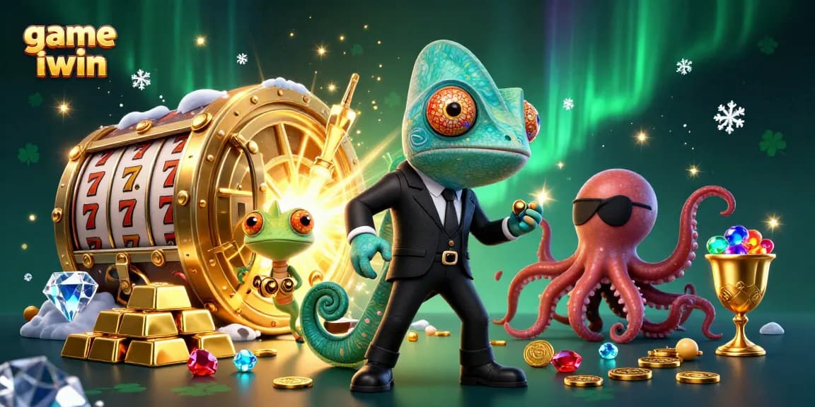 Win big with game iwin as a chameleon and gecko strategize in a dynamic casino setting.