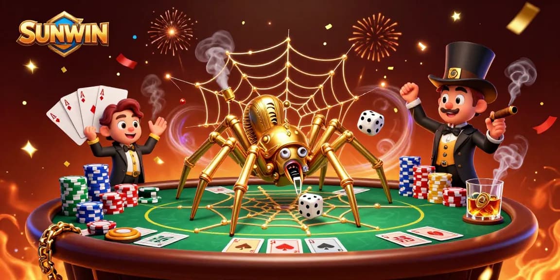 SUNWIN captivates players with a vibrant casino scene featuring a steampunk spider and poker elements.