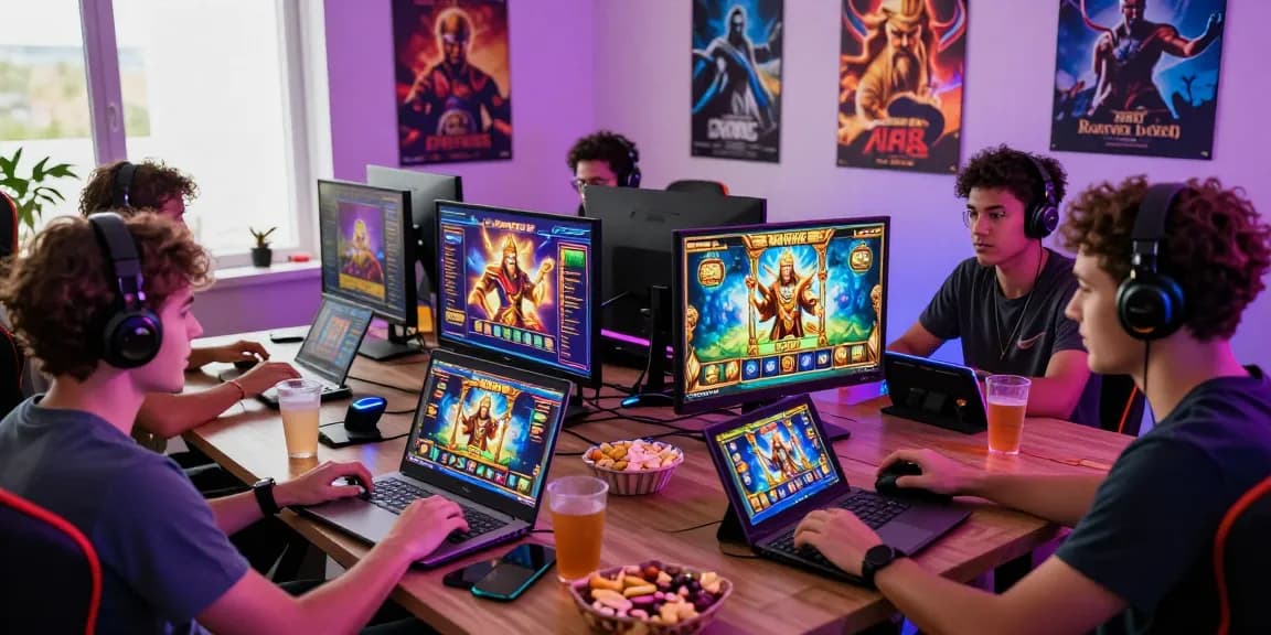 Exciting group playing popular 888 slot games in a vibrant gaming setup.