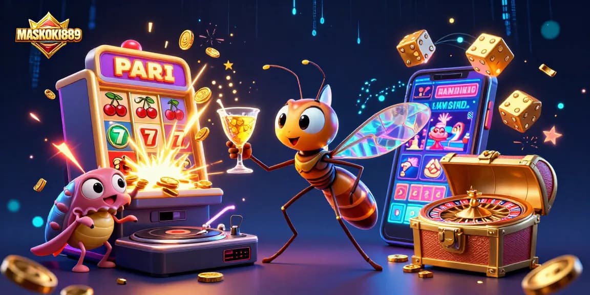 Experience winning moments with MASKOKI889's vibrant casino illustration featuring dynamic gaming elements and characters.