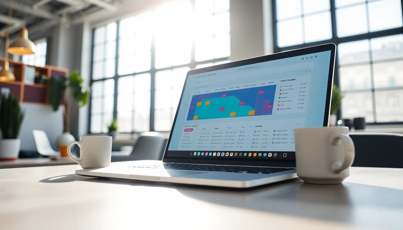 Visualize an AI scheduling assistantI interface on a laptop in a modern office, highlighting productivity and innovation.