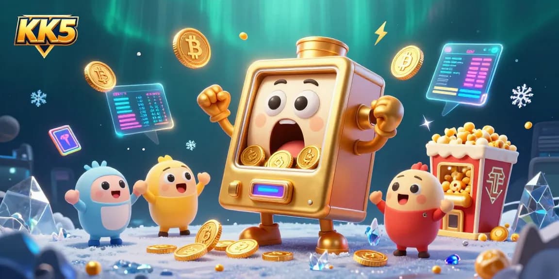 KK5 slot machine winning a jackpot surrounded by coins and cryptocurrency elements, illustrating excitement.