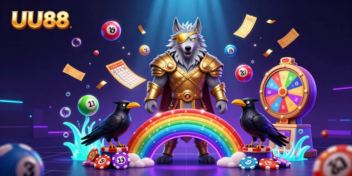 Engage with UU88's vibrant 3D casino scene featuring Odin and ravens amidst dynamic lottery elements.