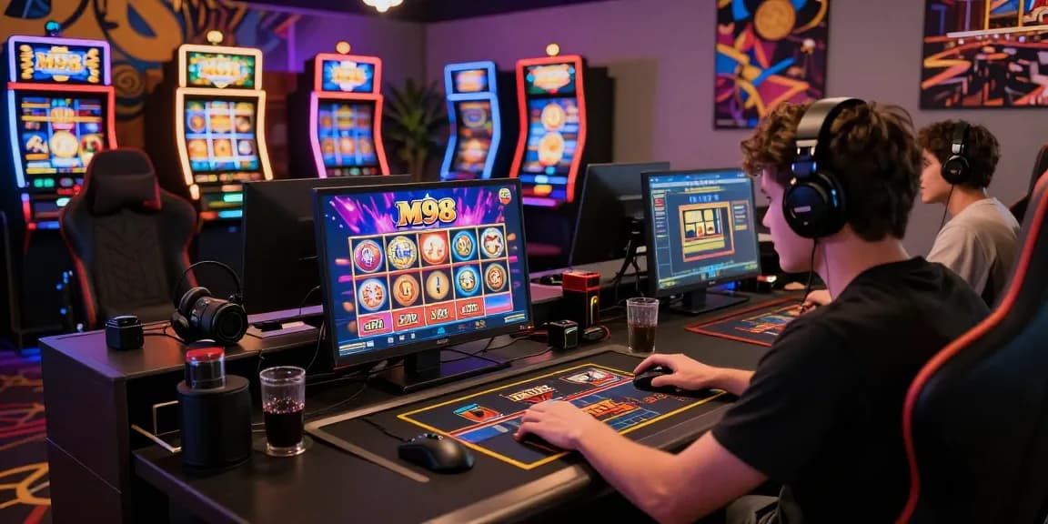 Exciting player engaged in M98 สล๊อตเว็บตรง gaming experience with vibrant graphics, modern setup, and inviting atmosphere.