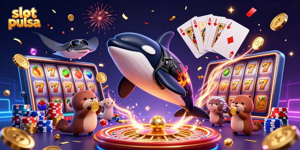Experience thrilling wins with slot pulsa as orca and otters celebrate casino riches.