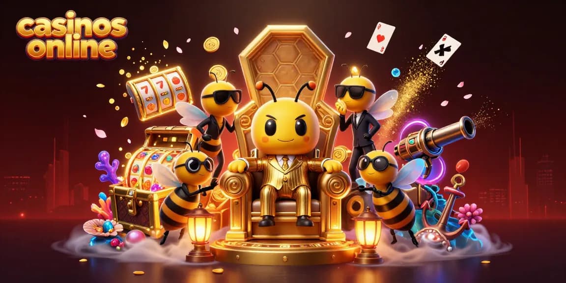 Explora los casinos online con la ilustración de un jefe abeja y elementos de juego vibrantes.