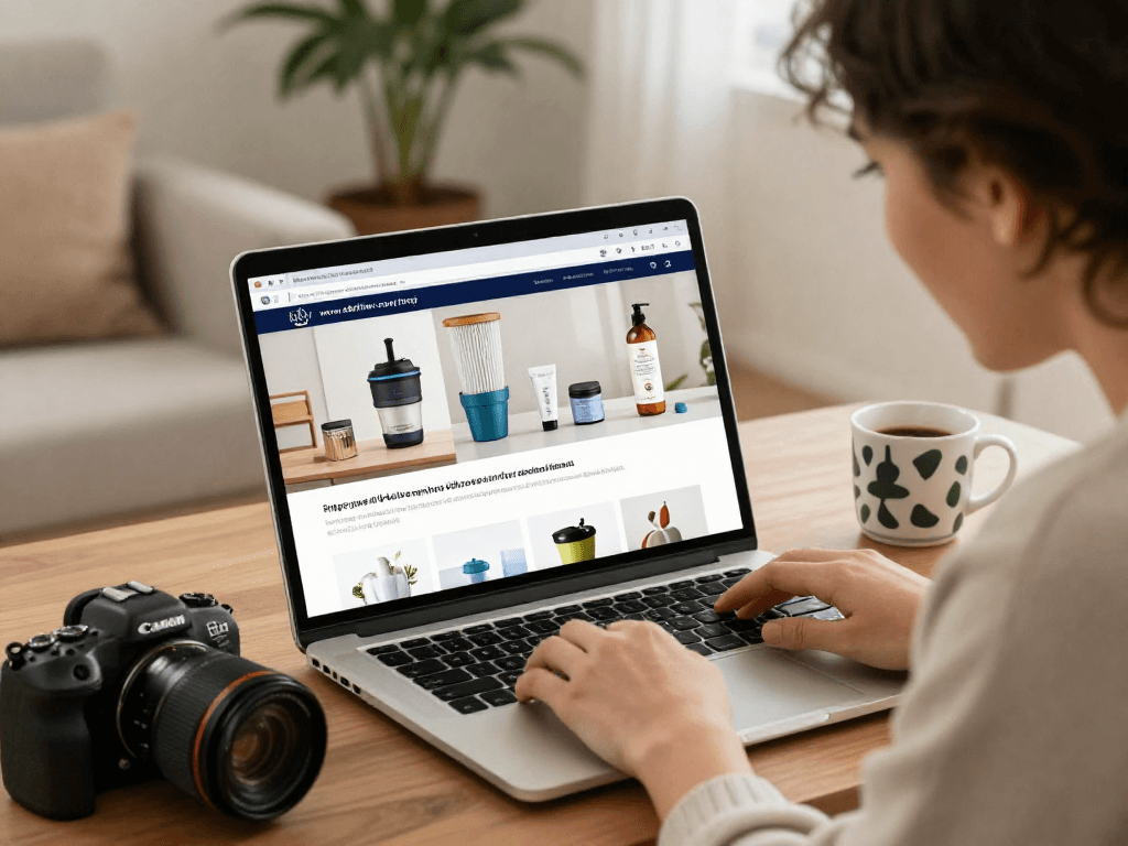 Person excitedly shopping at https://www.ebbfilter.com/shop, browsing lifestyle products on a modern laptop.
