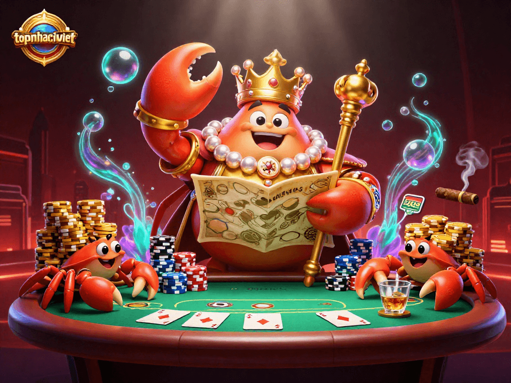 Experience excitement at topnhacaiviet with a colorful and dynamic casino illustration featuring a royal crab and poker elements.