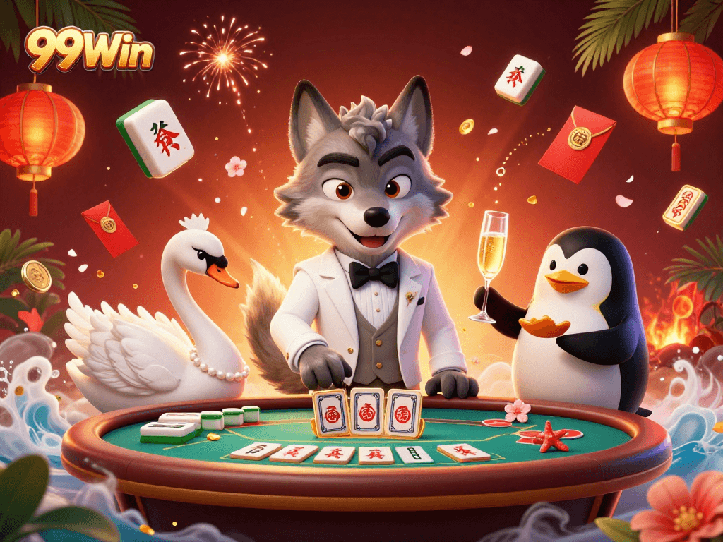 Experience the thrill at 99Win, featuring iconic characters celebrating at a lavish baccarat table.
