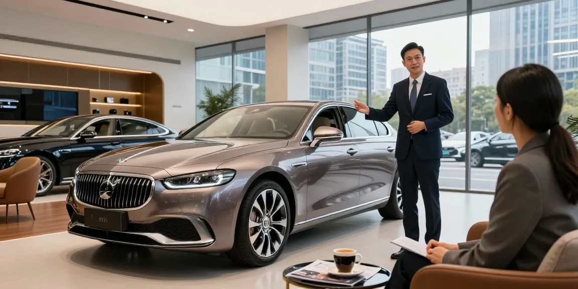 Mobil LUXURY 777 yang ditampilkan di showroom mewah dengan desain modern dan konsultan ramah menyambut klien.