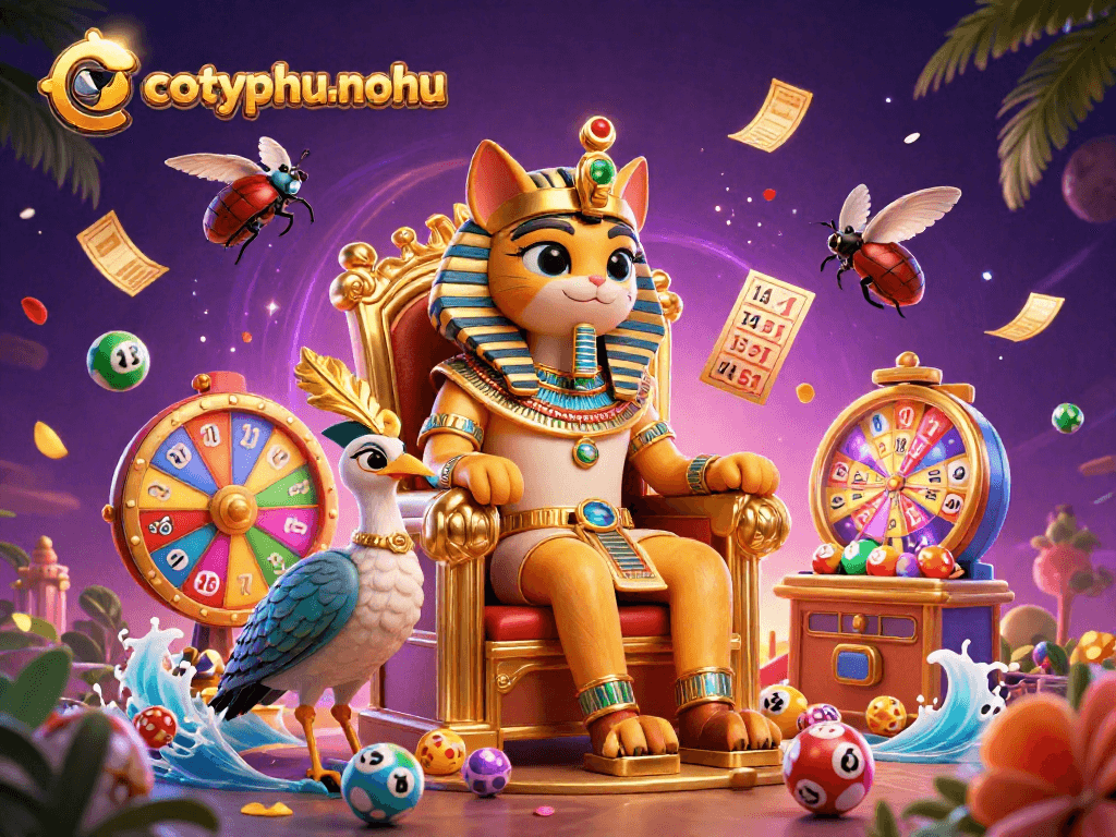 Experience the thrill with cotyphu-nohu featuring a dynamic illustration of an Egyptian cat surrounded by engaging gambling elements.