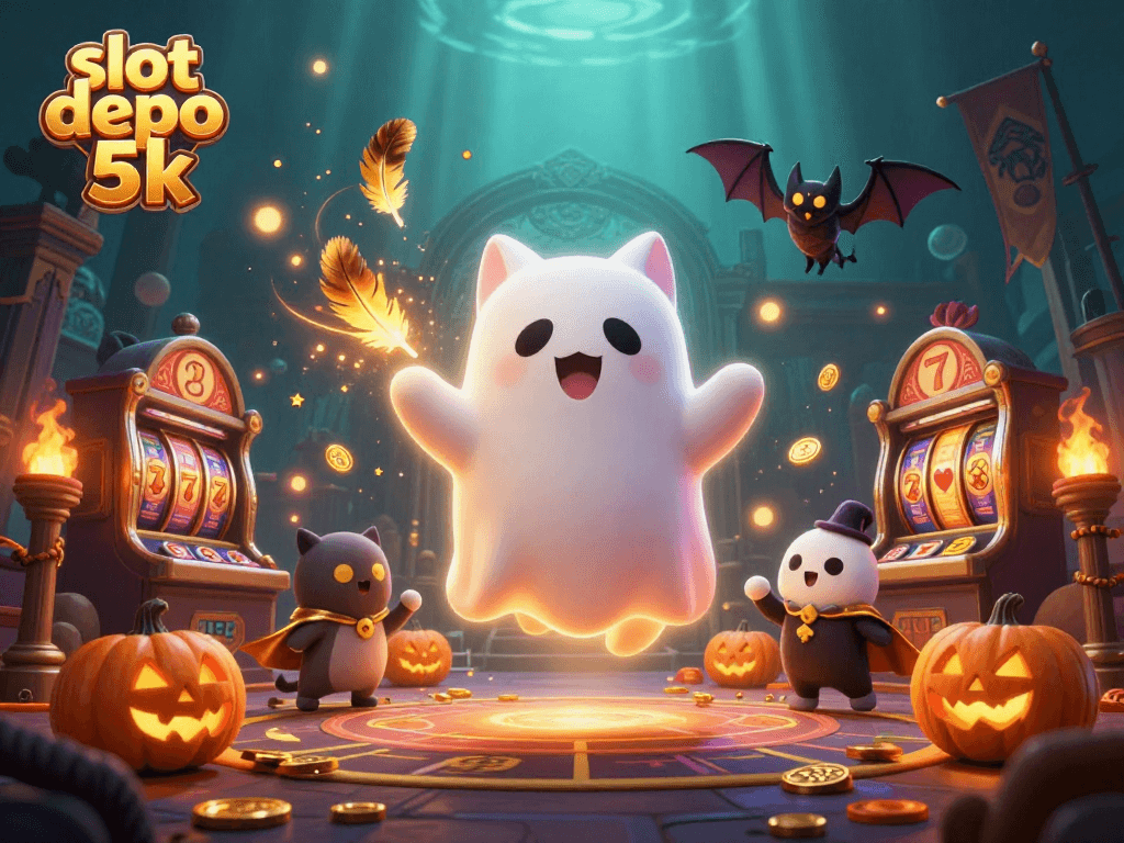 Engage with slot depo 5k as a friendly ghost cat and vampire bat explore a haunted casino scene.