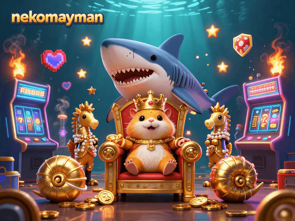 Experience nekomayman with a thrilling golden hamster king on a megalodon throne amidst dynamic casino elements.