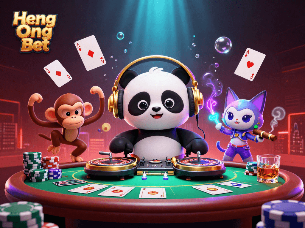 Experience Heng Ong Bet with vibrant characters and dynamic casino elements in a thrilling scene.