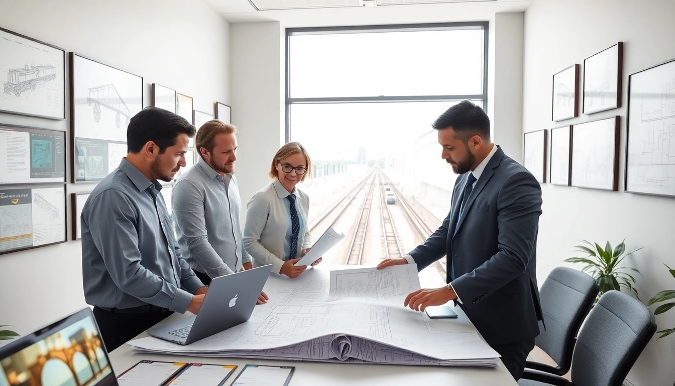 Railroad Design Consultants reviewing plans in a contemporary office setting.