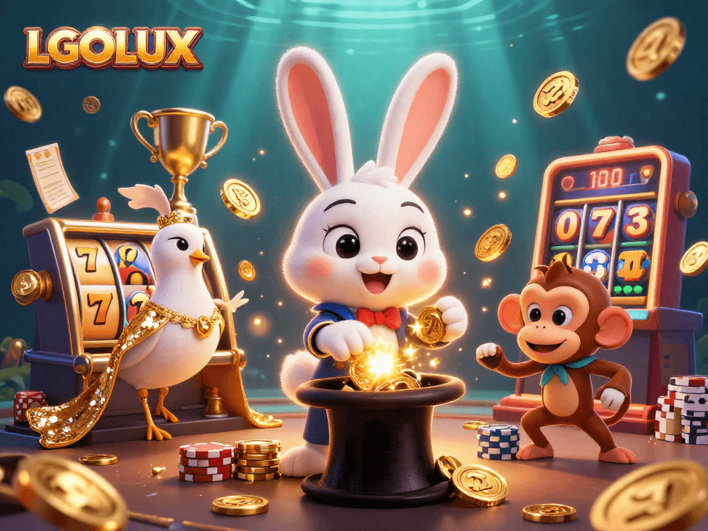 Engage in LGOLUX's thrilling slot experience with our colorful 3D illustration featuring vibrant characters and elements.